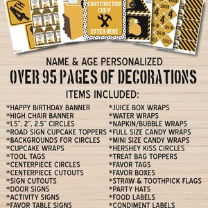 Puede incluir: Conjunto de fiesta de construcci&oacute;n con m&aacute;s de 95 p&aacute;ginas de decoraciones. Incluye una pancarta de feliz cumplea&ntilde;os, una pancarta para silla alta, c&iacute;rculos, toppers de cupcake con forma de se&ntilde;al de tr&aacute;fico, fondos para c&iacute;rculos, envoltorios para cupcakes, etiquetas para herramientas, c&iacute;rculos para el centro de mesa, recortes para el centro de mesa, recortes de se&ntilde;ales, letreros para puertas, letreros de actividades, letreros para mesas de regalos, letreros de 5x7, envoltorios para cajas de jugo, envoltorios para botellas de agua, envoltorios para servilletas/burbujas, envoltorios para dulces de tama&ntilde;o completo, envoltorios para dulces de tama&ntilde;o peque&ntilde;o, c&iacute;rculos de besos Hershey, toppers para bolsas de golosinas, etiquetas de regalo, cajas de regalo, banderas de pajitas y palillos de dientes, sombreros de fiesta, etiquetas de comida y etiquetas para condimentos.