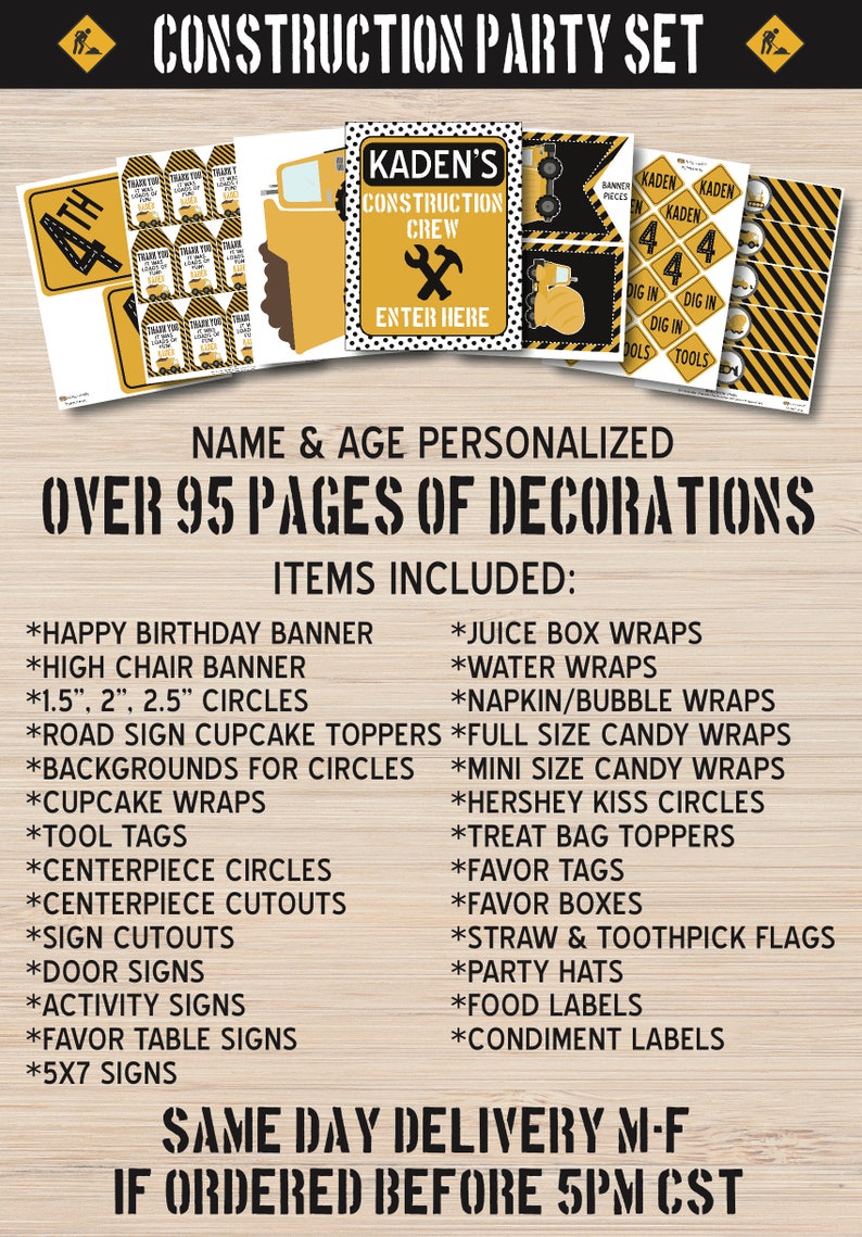 Puede incluir: Conjunto de fiesta de construcci&oacute;n con m&aacute;s de 95 p&aacute;ginas de decoraciones. Incluye una pancarta de feliz cumplea&ntilde;os, una pancarta para silla alta, c&iacute;rculos, toppers de cupcake con forma de se&ntilde;al de tr&aacute;fico, fondos para c&iacute;rculos, envoltorios para cupcakes, etiquetas para herramientas, c&iacute;rculos para el centro de mesa, recortes para el centro de mesa, recortes de se&ntilde;ales, letreros para puertas, letreros de actividades, letreros para mesas de regalos, letreros de 5x7, envoltorios para cajas de jugo, envoltorios para botellas de agua, envoltorios para servilletas/burbujas, envoltorios para dulces de tama&ntilde;o completo, envoltorios para dulces de tama&ntilde;o peque&ntilde;o, c&iacute;rculos de besos Hershey, toppers para bolsas de golosinas, etiquetas de regalo, cajas de regalo, banderas de pajitas y palillos de dientes, sombreros de fiesta, etiquetas de comida y etiquetas para condimentos.