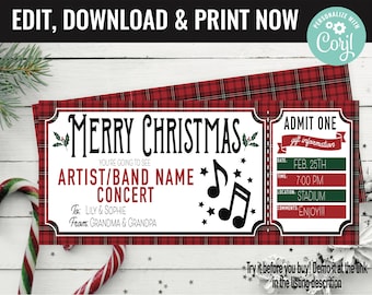 Christmas Concert Ticket Surprise Gift Voucher, Surprise Concert Show Artist Printable Template, Editable Instant Download, Gift Certificate