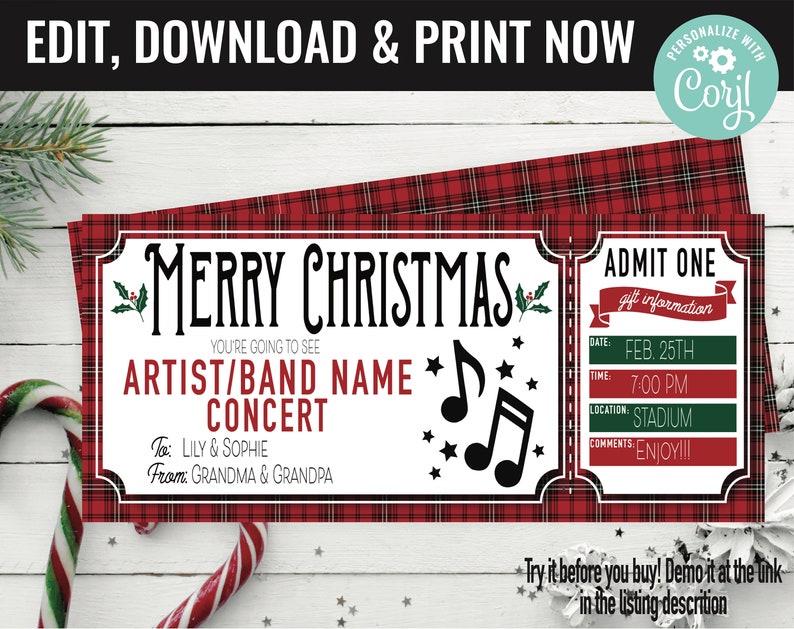 May include: Red and black plaid Christmas concert ticket template with the text "Merry Christmas" and "Artist/Band Name Concert". The ticket is for a concert on February 25th at 7:00 PM at a stadium. The ticket is personalized with the names "Lily & Sophie" and "Grandma & Grandpa".