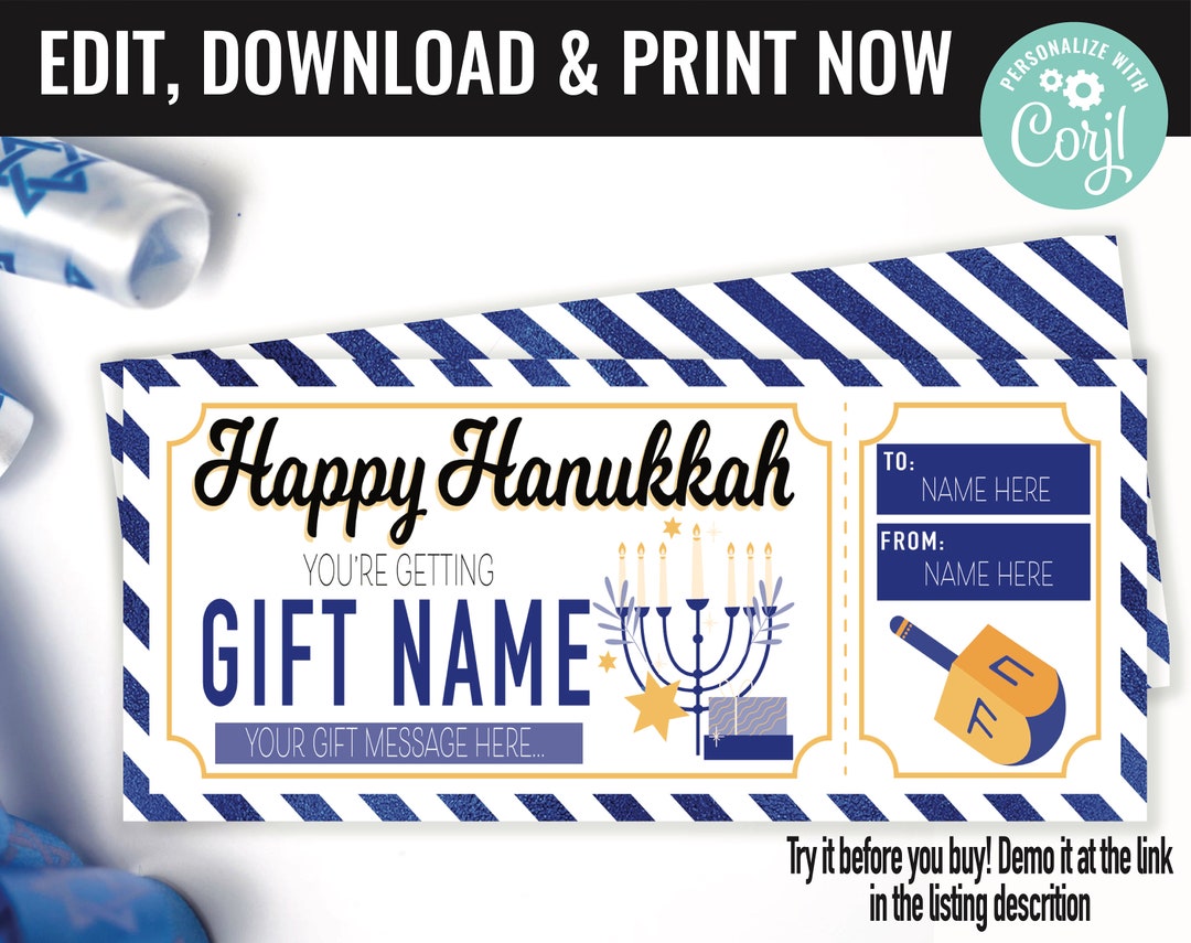 Hanukkah Surprise Printable Ticket Gift Voucher, Surprise Hanukkah Gift ...