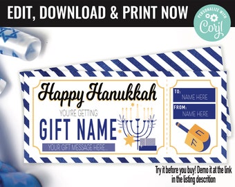 Hanukkah Surprise Printable Ticket Gift Voucher, Surprise Hanukkah Gift Printable Template Gift Card, Editable Instant Download Certificate