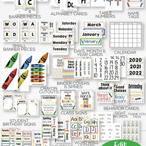 May include: A colorful classroom decor package with a crayon theme. The package includes alphabet cards, table numbers, name tags, banner pieces, classroom signs, behavior cards, and more. The package is designed to help teachers create a fun and engaging learning environment for their students.