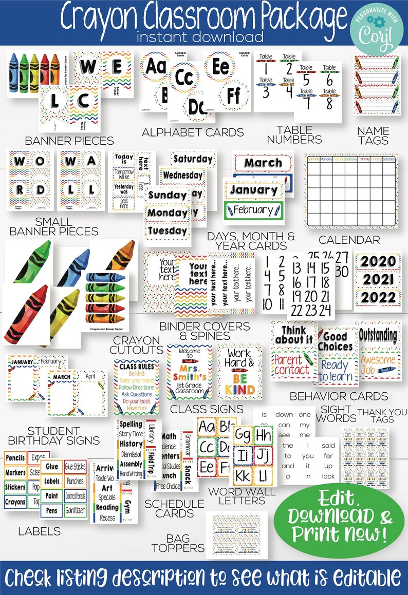 May include: A colorful classroom decor package with a crayon theme. The package includes alphabet cards, table numbers, name tags, banner pieces, classroom signs, behavior cards, and more. The package is designed to help teachers create a fun and engaging learning environment for their students.