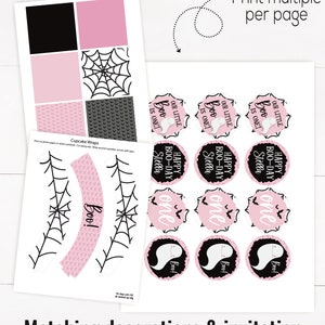 Op de afbeelding: Printbare Halloween cupcake-verpakkingen en -toppers in roze en zwart met een spinnenweb-, spook- en vleermuisontwerp. De tekst op de toppers luidt "Our Little Boo is One!" en "Happy Boo-Day Stella One".