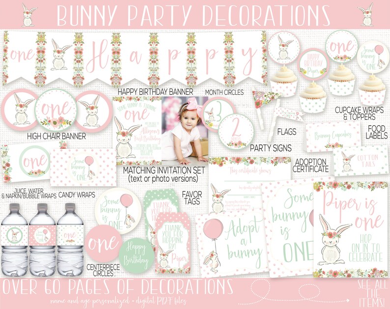 Bunny Birthday Banner, Bunny Birthday Party Decor, Some Bunny is One, Spring Birthday, First Birthday Girl, Shabby Chic, Girls 1st Birthday image 6