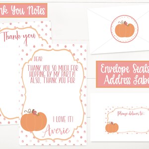 May include: Printable thank you cards with a pink and white polka dot background and a pumpkin illustration. The text on the card reads "Thank you" and "I love it! Averie".