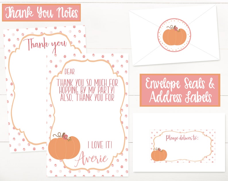 May include: Printable thank you cards with a pink and white polka dot background and a pumpkin illustration. The text on the card reads "Thank you" and "I love it! Averie".