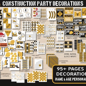Puede incluir: Conjunto de decoraciones imprimibles para una fiesta de construcci&oacute;n con un esquema de color negro y amarillo. Incluye pancartas, envoltorios para cupcakes, cajas de golosinas, letreros para fiestas, etiquetas para alimentos, banderas y mucho m&aacute;s. M&aacute;s de 95 p&aacute;ginas de decoraciones. Nombre y edad personalizados.