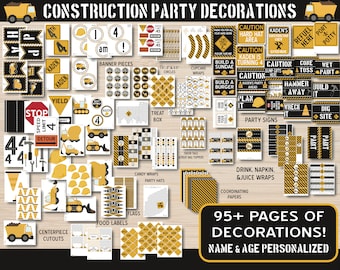 May include: Construction party decorations printable set with black and yellow color scheme. Includes banners, cupcake wrappers, treat boxes, party signs, food labels, flags, and more. 95+ pages of decorations. Name and age personalized.
