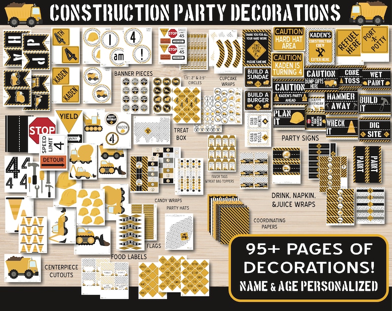 Puede incluir: Conjunto de decoraciones imprimibles para una fiesta de construcci&oacute;n con un esquema de color negro y amarillo. Incluye pancartas, envoltorios para cupcakes, cajas de golosinas, letreros para fiestas, etiquetas para alimentos, banderas y mucho m&aacute;s. M&aacute;s de 95 p&aacute;ginas de decoraciones. Nombre y edad personalizados.