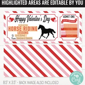 May include: A printable Valentine's Day ticket for horse riding lessons. The ticket is red and white with a silhouette of a horse. The text on the ticket reads "Happy Valentine's Day", "You're getting horse riding lessons", "To: Lily & Sophie", "From: Grandma & Grandpa", "Admit One", "Lesson Information", "Date: Feb 25-30th", "Time: 7:00 PM", "Location: Place", "Comments: Enjoy!!!".