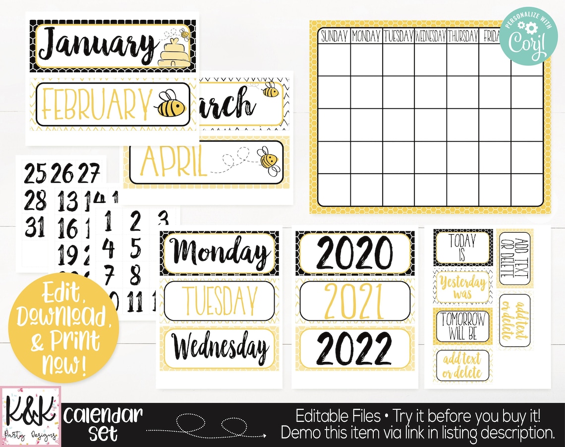 Bee Classroom Calendar Set Printable Bee Theme Teacher Etsy