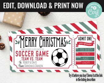 Christmas Surprise Soccer Game Ticket Gift Voucher, Soccer Game Printable Template Gift Card, Editable Instant Download Gift Certificate
