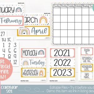 Boho Rainbow Theme Classroom Calendar Set Printable, Teacher Supply, Printable Classroom Teacher Decoration and Supplies, Calendar Board Set