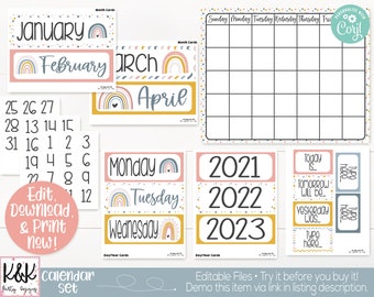 Boho Rainbow Theme Classroom Calendar Set Printable, Teacher Supply, Printable Classroom Teacher Decoration and Supplies, Calendar Board Set