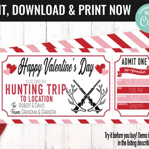 Valentine&#39;s Hunting Trip Ticket Surprise Gift Voucher, Surprise Hunting Trip Printable Template, Editable Instant Download Gift Certificate