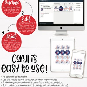 May include: A step-by-step guide on how to use Corjl to edit, download, and print digital files. The image shows a computer screen with a design editor, a tablet displaying a design, and a phone displaying a design. The text on the screen says "Corjl is easy to use!"