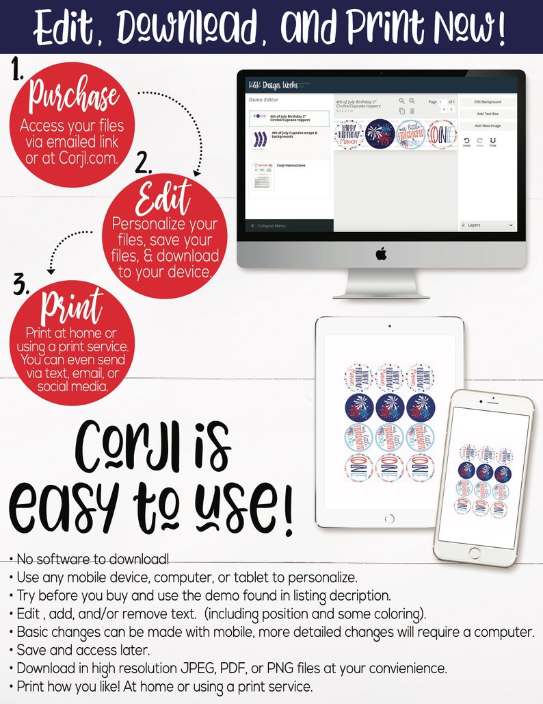 May include: A step-by-step guide on how to use Corjl to edit, download, and print digital files. The image shows a computer screen with a design editor, a tablet displaying a design, and a phone displaying a design. The text on the screen says "Corjl is easy to use!"