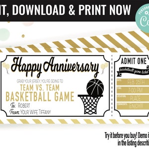Anniversary Basketball Ticket Surprise Gift Voucher, Basketball Game Surprise Printable Gift Card Editable Instant Download Certificate