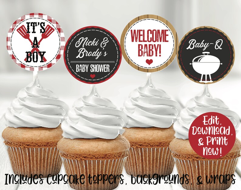 Baby Q Cupcake Toppers, Barbecue Cupcake Toppers, BBQ Cupcake Toppers, Baby Q Baby Shower Decorations, Barbecue Baby Shower, BBQ Printable image 2