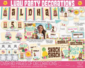 May include: A set of printable Luau party decorations featuring a tropical theme with pink, yellow, and green colors. The decorations include a banner, cupcake toppers, treat bag toppers, and more. The text "Aloha! Sofia is turning 6!" is featured on the invitation.