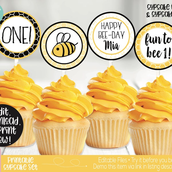 Bee Birthday Party Decorations, Bee Cupcake Toppers, Happy Beeday Decorations, Bee Birthday Party Printable, Bee 1st Birthday, First