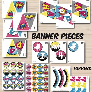 May include: Printable superhero party set with banner pieces, cupcake wrappers, and toppers. The banner pieces feature the words "Happy", "4", "I", "Am", and "Super". The cupcake wrappers are blue and pink with a cityscape design. The toppers are yellow, blue, and pink with a superhero girl design.