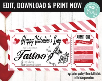 Valentine's Surprise Tattoo Ink Gift Voucher, Tattoo Gift Present Printable Template Gift Card, Editable Instant Download Gift Certificate