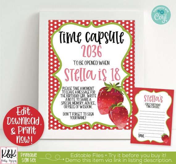Strawberry Time Capsule Sign, 1st Birthday Capsule, Berry Sweet To Be One, Strawberry Birthday Party Decorations, Strawberry Theme 1st Birth Il_570xn
