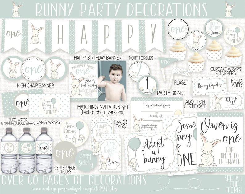 Puede incluir: Un conjunto de decoraciones de fiesta imprimibles para un primer cumplea&ntilde;os con tem&aacute;tica de conejito. Las decoraciones son en tonos grises, blancos y azul claro con lunares. El conjunto incluye una pancarta, adornos para cupcakes, etiquetas para alimentos, certificado de adopci&oacute;n y mucho m&aacute;s. El texto "Some bunny is one" aparece en todo el conjunto.