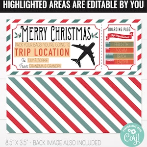 Christmas Boarding Pass Surprise Gift Voucher, Surprise Flight Trip Printable Template Gift Card, Editable Instant Download Certificate image 2