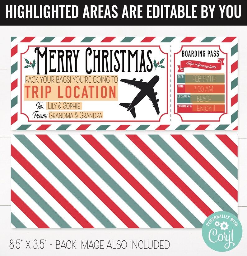 Christmas Boarding Pass Surprise Gift Voucher, Surprise Flight Trip Printable Template Gift Card, Editable Instant Download Certificate image 2
