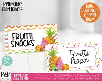 May include: Printable food labels with a tropical fruit theme. The labels feature a pineapple, watermelon, and other fruits. The text on the labels reads "Fruitti Snacks" and "Fruitti Pizza".