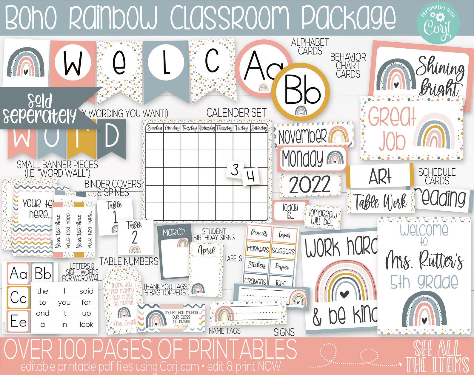 Boho Rainbow Theme Classroom Editable Behavior Clip Chart Printable ...