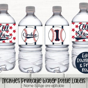 May include: Four printable water bottle labels with a baseball theme. The labels feature red stars, a baseball with the number 1, a baseball with the name Corbin, and the text "All Star". The labels are editable and can be printed at home.
