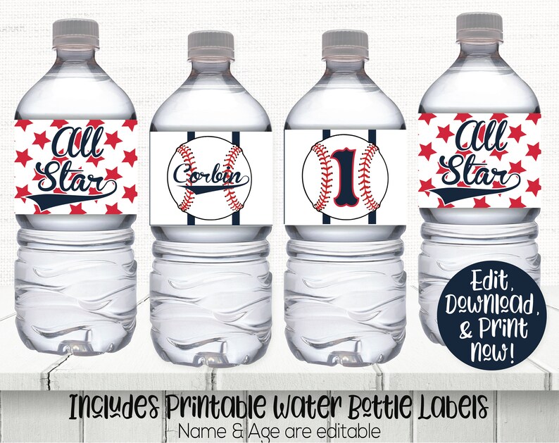 May include: Four printable water bottle labels with a baseball theme. The labels feature red stars, a baseball with the number 1, a baseball with the name Corbin, and the text "All Star". The labels are editable and can be printed at home.