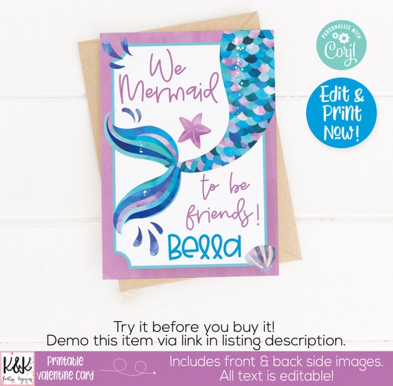 Mermaid Printable Valentine Card, Kids Valentines Day Card, School Valentine Exchange, Class Valentine, Preschool Valentine, Mermaid to be Il_570xn