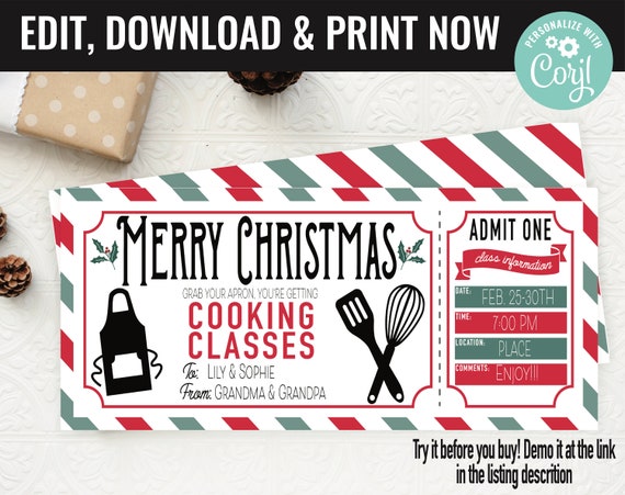Christmas Surprise Cooking Lessons Gift Voucher, Cooking Lessons Printable Template Gift Card, Editable Instant Download Gift Certificate Il_570xn