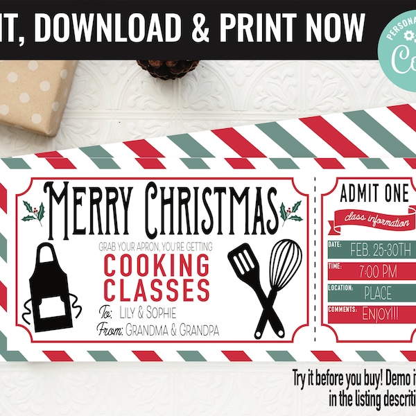 Christmas Surprise Cooking Lessons Gift Voucher, Cooking Lessons Printable Template Gift Card, Editable Instant Download Gift Certificate