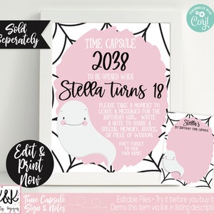 Puede incluir: Un cartel rosa y blanco para una c&aacute;psula del tiempo con una ilustraci&oacute;n de un fantasma y el texto "TIME CAPSULE 2038 TO BE OPENED WHEN Stella turns 18". El cartel tiene instrucciones para que los invitados dejen mensajes para la cumplea&ntilde;era.
