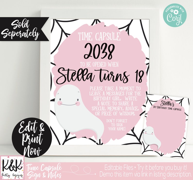 Puede incluir: Un cartel rosa y blanco para una c&aacute;psula del tiempo con una ilustraci&oacute;n de un fantasma y el texto "TIME CAPSULE 2038 TO BE OPENED WHEN Stella turns 18". El cartel tiene instrucciones para que los invitados dejen mensajes para la cumplea&ntilde;era.