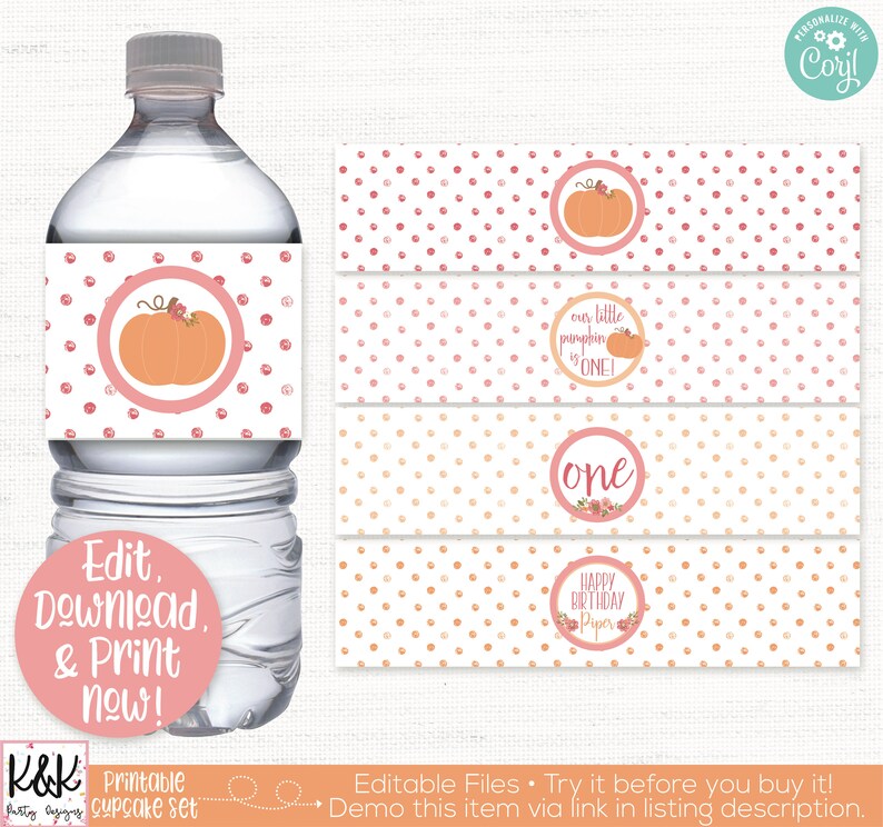 May include: Printable water bottle labels with a pink and orange polka dot pattern. The labels feature a pumpkin design and the text "our little pumpkin is one!" and "one".