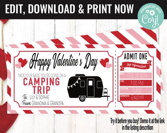 Valentine's Surprise Camping RV Trip Gift Voucher, Camping RV Trip Printable Template Gift Card, Editable Instant Download Gift Certificate