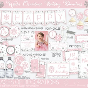 May include: A printable set of 65 pages of Winter Wonderland birthday party decorations in pink and silver with snowflakes and polka dots. The set includes a banner, cupcake wrappers, food labels, party signs, treat bag toppers, and more. The text "Winter Onederland" is featured throughout the set.