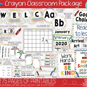May include: A set of printable classroom decor featuring a crayon theme. The set includes alphabet cards, behavior chart cards, welcome signs, table numbers, and more. The colors are bright and cheerful, with a rainbow of colors and a confetti background.