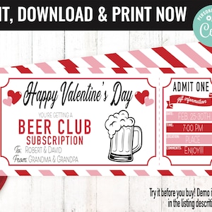 Valentine Surprise Beer Subscription Gift Voucher, Beer of the Month Printable Template Gift Card, Editable Instant Download Gift Certificat
