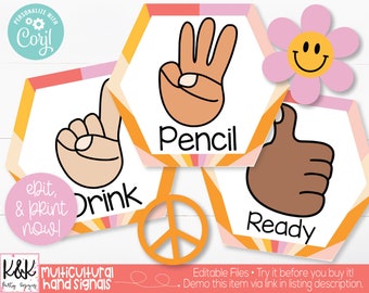 Retro Groovy Theme Classroom Multicultural Hand Signals Printable, Retry Groovy Daisy Theme, Fun Classroom Teacher Decoration and Supplies
