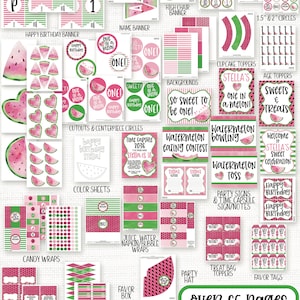 May include: Printable watermelon party decorations with over 65 pages of designs. Includes banners, cupcake toppers, age toppers, treat bag toppers, favor tags, flags, and more.  The decorations are personalized with a name and age.
