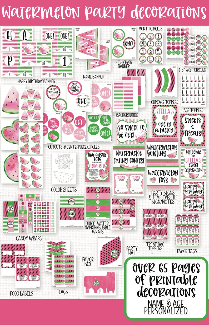May include: Printable watermelon party decorations with over 65 pages of designs. Includes banners, cupcake toppers, age toppers, treat bag toppers, favor tags, flags, and more.  The decorations are personalized with a name and age.